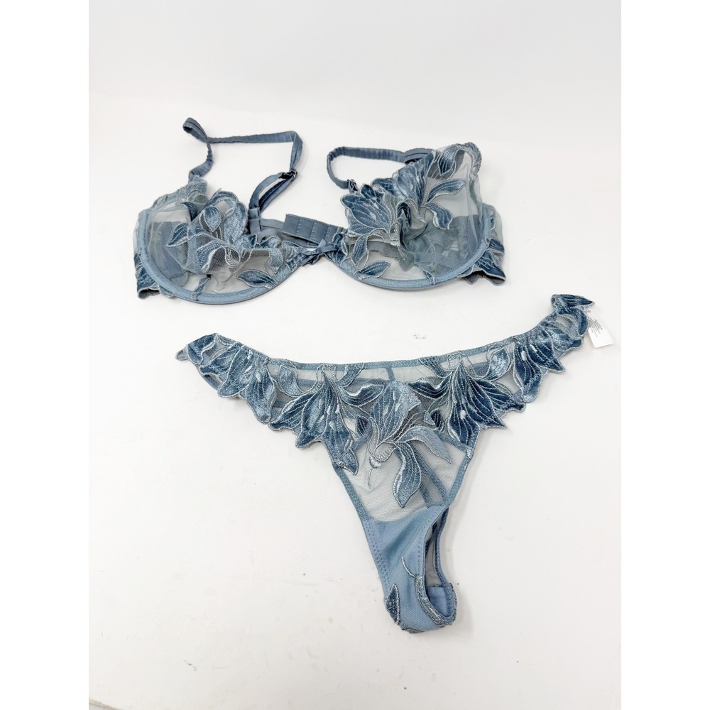 Fleur Du Mal Velvet Lily Embroidered Bra Thong Set Floral Lingerie Blue Sz 36D - Picture 2 of 8